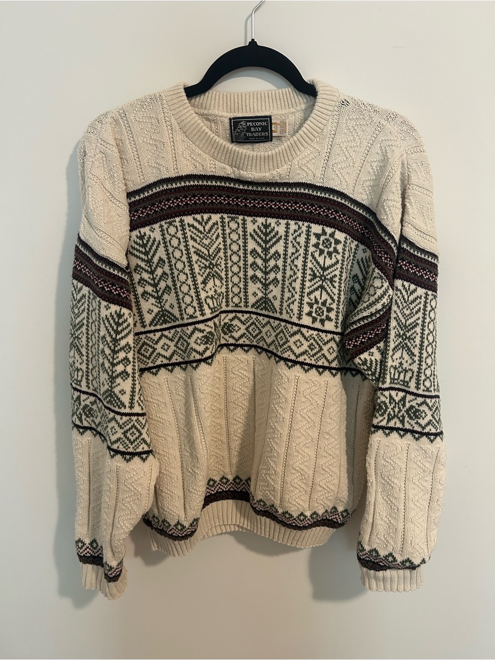 Vintage 80s Cream Green Fair Isle Knit Sweater 100% Cotton Cottagecore